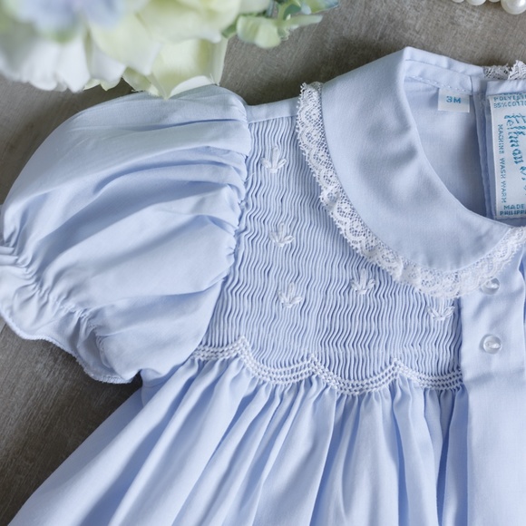 Blue Dress Smocked Heirloom Feltman Brothers Lace Collar Size 3 Months NWT - Picture 3 of 4